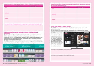 14 A LEVEL ECONOMICS YEAR 1 (AS) Revision Workshop www.tutor2u.net 15
Assess the arguments for and against museums charging for entry to temporary exhibitions
Argument For Argument Against
Point
Explanation
Evidence
Assess the view that the proposed merger between Celesio AG and Sainsbury’s Pharmacies
will INEVITABLY lead to welfare loss.
Argument For Argument Against
Point
Explanation
Evidence
How does the level of competition within a market lead to market failure and welfare loss?
CMA investigates merger between Celesio and Sainsbury’s
Pharmacy
The Competition and Markets Authority is to investigate the proposed merger between
Celesio AG (owners of Lloyds Pharmacies) and Sainsbury’s Pharmacies.
Celesio owns and runs 1542 outlets, whilst Sainsbury’s has 277 pharmacies (mainly within their
supermarkets). The CMA has identified where 78 local areas may be affected by the merger,
with some of the pharmacies likely to close.
The CMA recognise that pharmacies do not compete on price as much as other outlets as their
primary business revolves around the set fee for prescription drugs. Pharmacies compete on the
quality and range of products, with a primary factor including their opening times.
Factors that suggest that the iPlayer service is a Public Good
Factors that suggest that the iPlayer service is NOT a Public Good
Is the BBC iPlayer a Public Good?
The BBC iPlayer service has some elements of the descriptors used to define public
goods in economics.
The site allows a ‘catch-up’ service for BBC programmes, most of which have been made or
purchased using finance from
the UK TV Licence fee, but
does not require the user to
have such a licence. Users
only have to be accessing
the service from within the
UK. With EU co-operation
it may soon be possible for
UK citizens to access the
BBC iPlayer whilst abroad.
A subscription-based version
of the iPlayer was trialled in
the rest of the EU but this
has not been continued.
 