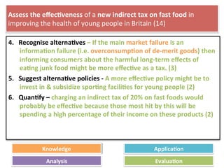 Assess	
  the	
  eﬀec4veness	
  of	
  a	
  new	
  indirect	
  tax	
  on	
  fast	
  food	
  in	
  
improving	
  the	
  health	
  of	
  young	
  people	
  in	
  Britain	
  (14)	
  
4.  Recognise	
  alterna4ves	
  –	
  If	
  the	
  main	
  market	
  failure	
  is	
  an	
  
informa4on	
  failure	
  (i.e.	
  overconsump4on	
  of	
  de-­‐merit	
  goods)	
  then	
  
informing	
  consumers	
  about	
  the	
  harmful	
  long-­‐term	
  eﬀects	
  of	
  
ea4ng	
  junk	
  food	
  might	
  be	
  more	
  eﬀec4ve	
  as	
  a	
  tax.	
  (3)	
  
5.  Suggest	
  alterna4ve	
  policies	
  -­‐	
  A	
  more	
  eﬀec4ve	
  policy	
  might	
  be	
  to	
  
invest	
  in	
  &	
  subsidize	
  spor4ng	
  facili4es	
  for	
  young	
  people	
  (2)	
  
6.  Quan4fy	
  –	
  charging	
  an	
  indirect	
  tax	
  of	
  20%	
  on	
  fast	
  foods	
  would	
  
probably	
  be	
  eﬀec4ve	
  because	
  those	
  most	
  hit	
  by	
  this	
  will	
  be	
  
spending	
  a	
  high	
  percentage	
  of	
  their	
  income	
  on	
  these	
  products	
  (2)	
  
7.  Equity	
  issues:	
  There	
  is	
  a	
  risk	
  that	
  a	
  new	
  tax	
  on	
  fast	
  foods	
  would	
  
hurt	
  poorer	
  families	
  most,	
  leading	
  to	
  a	
  rise	
  in	
  inequality	
  (2)	
  
	
  
Knowledge	
   Applica4on	
  
Analysis	
   Evalua4on	
  
 