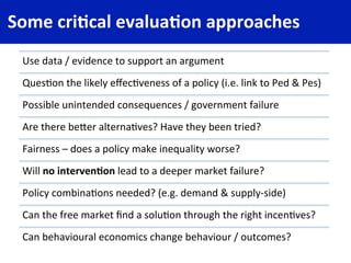Some	
  cri4cal	
  evalua4on	
  approaches	
  
Use	
  data	
  /	
  evidence	
  to	
  support	
  an	
  argument	
  
Ques4on...