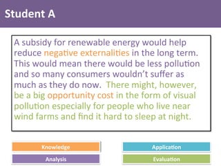 Knowledge	
   Applica4on	
  
Analysis	
   Evalua4on	
  
Student	
  A	
  
A	
  subsidy	
  for	
  renewable	
  energy	
  would	
  help	
  
reduce	
  nega4ve	
  externali4es	
  in	
  the	
  long	
  term.	
  	
  
This	
  would	
  mean	
  there	
  would	
  be	
  less	
  pollu4on	
  
and	
  so	
  many	
  consumers	
  wouldn’t	
  suﬀer	
  as	
  
much	
  as	
  they	
  do	
  now.	
  	
  There	
  might,	
  however,	
  
be	
  a	
  big	
  opportunity	
  cost	
  in	
  the	
  form	
  of	
  visual	
  
pollu4on	
  especially	
  for	
  people	
  who	
  live	
  near	
  
wind	
  farms	
  and	
  ﬁnd	
  it	
  hard	
  to	
  sleep	
  at	
  night.	
  
	
  
	
  
 