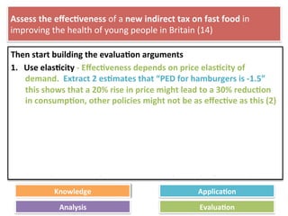 Assess	
  the	
  eﬀec4veness	
  of	
  a	
  new	
  indirect	
  tax	
  on	
  fast	
  food	
  in	
  
improving	
  the	
  health	
  of	
  young	
  people	
  in	
  Britain	
  (14)	
  
Then	
  start	
  building	
  the	
  evalua4on	
  arguments	
  
1.  Use	
  elas4city	
  -­‐	
  Eﬀec4veness	
  depends	
  on	
  price	
  elas4city	
  of	
  
demand.	
  	
  Extract	
  2	
  es4mates	
  that	
  “PED	
  for	
  hamburgers	
  is	
  -­‐1.5”	
  
this	
  shows	
  that	
  a	
  20%	
  rise	
  in	
  price	
  might	
  lead	
  to	
  a	
  30%	
  reduc4on	
  
in	
  consump4on,	
  other	
  policies	
  might	
  not	
  be	
  as	
  eﬀec4ve	
  as	
  this	
  (2)	
  
2.  	
  Challenge	
  eﬀec4veness:	
  	
  Habitual	
  consumers	
  and	
  those	
  with	
  high	
  
incomes	
  may	
  con4nue	
  to	
  consume	
  despite	
  the	
  tax	
  (2)	
  
3.  Ques4on	
  deﬁni4on:	
  The	
  case	
  for	
  a	
  tax	
  depends	
  on	
  what	
  we	
  count	
  
as	
  fast	
  food	
  –	
  e.g.	
  not	
  all	
  fast	
  food	
  is	
  unhealthy	
  such	
  as	
  fruit	
  and	
  
food	
  on	
  the	
  go	
  meals	
  such	
  as	
  porridge	
  and	
  soup	
  –	
  what	
  is	
  included	
  
will	
  depend	
  on	
  the	
  government	
  making	
  value	
  judgements	
  (2)	
  
	
  
Knowledge	
   Applica4on	
  
Analysis	
   Evalua4on	
  
 