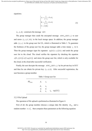 1045-9219 (c) 2013 IEEE. Personal use is permitted, but republication/redistribution requires IEEE permission. See
http://www.ieee.org/publications_standards/publications/rights/index.html for more information.
This article has been accepted for publication in a future issue of this journal, but has not been fully edited. Content may change prior to final publication. Citation information: DOI
10.1109/TPDS.2015.2388446, IEEE Transactions on Parallel and Distributed Systems
10
equations：
 
1
1
1
i
i
i
i
i
i i
A P G
x
x
B G G
x
V f B



   


  

 


(1)
 , ,i i ix A B constructs the message .KEY
The group manager then sends the encrypted message  2,pkAENC KEY v to user
and stores  , , ,i i i ix A V ID in the local storage space. In addition, the group manager
adds  ,i iA x to the group user list UL, which is illustrated in Table 1. To guarantee
the freshness of the group user list, the group manager adds a time stamp ult to it.
Then the group manager signs his signature    1sig UL f UL and sends the group
user list to the cloud. The cloud verifies the signature by checking the equation
     
?
1, ,e W f UL e P sig UL and stores the group user list, which is only available for
the cloud, in the cloud after successful verification.
Finally, the user decrypts the message  2,pkAENC KEY v by his private key in ECC
and then he can obtain his private key  , , .i i ix A B After successful registration, the
user becomes a group member.
Table 1 Group user list
groupID 1A 1x
2A 2x
rA rx ult  sig UL
 
3.2.3 File Upload
The operation of file upload is performed as illustrated in Figure 4.
First of all, the group member chooses a unique data file identity dataID and a
random number *
,qk Z then computes these parameters as the following equation:
 