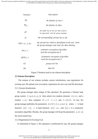1045-9219 (c) 2013 IEEE. Personal use is permitted, but republication/redistribution requires IEEE permission. See
http://www.ieee.org/publications_standards/publications/rights/index.html for more information.
This article has been accepted for publication in a future issue of this journal, but has not been fully edited. Content may change prior to final publication. Citation information: DOI
10.1109/TPDS.2015.2388446, IEEE Transactions on Parallel and Distributed Systems
8
iID the identity of user i
Notation Description
pk
the public key of the user that needs to
be negociated with the group manager
sk the corresponding private key to pk
 , ,i i ix A BKEY  the private key which is distributed to the user from
the group manager and used for data sharing
 kEnc gsymmetric encryption al orithm
used the encryption key k
 kAENC gasymmetric encryption al orithm
used the encryption key k
UL group user list
DL data list
idataID ithe identity of data
Figure 2 Notation used in our scheme description
3.2 Scheme Description
The scheme of our scheme includes system initialization, user registration for
existing user, file upload, user revocation, registration for new user and file download.
3.2.1 System Initialization
The group manager takes charge of this operation. He generates a bilinear map
group system   1 2, , , , ,S q G G e   then selects two random elements 1,P G G and a
number *
,qZ  then computes ,W P  Y G  and  , .Z e G P At last, the
group manager publishes the parameters   1, , , , , , , ,S P W Y Z f f Enc where f is hash
function:  
* *
0,1 ,qZ 1f is hash function:  
*
10,1 ,G and  Enc is a symmetric
encryption algorithm. Besides, the group manager will keep the parameters  ,G as
the secret master key.
3.2.2 Registration for Existing User
As illustrated in Figure 3, this operation is performed by user, the group manager
 