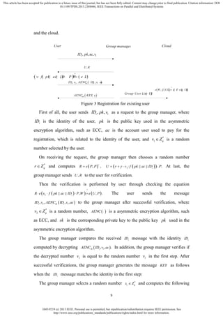 1045-9219 (c) 2013 IEEE. Personal use is permitted, but republication/redistribution requires IEEE permission. See
http://www.ieee.org/publications_standards/publications/rights/index.html for more information.
This article has been accepted for publication in a future issue of this journal, but has not been fully edited. Content may change prior to final publication. Citation information: DOI
10.1109/TPDS.2015.2388446, IEEE Transactions on Parallel and Distributed Systems
9
and the cloud.
Group managerUser
1, ,ac,iID pk v
,U R
 2 1, , , ,i sk iID v AENC ID v ac
 2,pkAENC KEY v
Cloud
    
?
|| || , , .iR e v f pk ac ID P W e U P   
 Group User List UL
     
?
1, ,e W f UL e P sig UL
Figure 3 Registration for existing user
First of all, the user sends 1, ,iID pk v as a request to the group manager, where
iID is the identity of the user, pk is the public key used in the asymmetric
encryption algorithm, such as ECC, ac is the account user used to pay for the
registration, which is related to the identity of the user, and *
1 qv Z is a random
number selected by the user.
On receiving the request, the group manager then chooses a random number
*
qr Z and computes  , ,
r
R e P P   1 || || .i
U r v f pk ac ID P     At last, the
group manager sends ,U R to the user for verification.
Then the verification is performed by user through checking the equation
    
?
1 || || , , .i
R e v f pk ac ID P W e U P    The user sends the message
 2 1, , , ,i sk iID v AENC ID v ac to the group manager after successful verification, where
*
2 qv Z is a random number,  AENC is a asymmetric encryption algorithm, such
as ECC, and sk is the corresponding private key to the public key pk used in the
asymmetric encryption algorithm.
The group manager compares the received iID message with the identity iID
computed by decrypting  1, , .sk iAENC ID v ac In addition, the group manager verifies if
the decrypted number 1v is equal to the random number 1v in the first step. After
successful verifications, the group manager generates the message KEY as follows
when the iID message matches the identity in the first step:
The group manager selects a random number *
i qx Z and computes the following
 