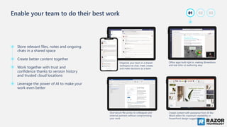 Enable your team to do their best work
Store relevant files, notes and ongoing
chats in a shared space
Create better content together
Work together with trust and
confidence thanks to version history
and trusted cloud locations
Leverage the power of AI to make your
work even better
Office apps built right in, making @mentions
and real-time co-authoring easy
Give secure file access to colleagues and
external partners without compromising
your work
Create content with assistance from AI like
Word editor for maximum readability or
PowerPoint design suggestions
Organize your team in a shared
workspace to chat, meet, create,
and make decisions as a team
01 02 03
 