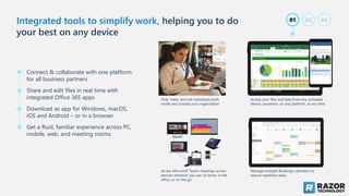 Integrated tools to simplify work, helping you to do
your best on any device
01 02 03
Budget Allocation
Budget
Allocati
on
Budget
Allocatio
n
Connect & collaborate with one platform
for all business partners
Share and edit files in real time with
integrated Office 365 apps
Download as app for Windows, macOS,
iOS and Android – or in a browser
Get a fluid, familiar experience across PC,
mobile, web, and meeting rooms
Chat, meet, and call individuals both
inside and outside your organization
Access your files and data from any activated
device, anywhere, on any platform, at any time
Access Microsoft Teams meetings across
devices wherever you are: at home, in the
office, or on the go
Manage multiple Bookings calendars to
reduce repetitive tasks
 