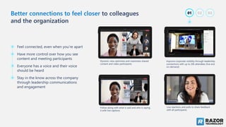 Better connections to feel closer to colleagues
and the organization
01 02 03
Dynamic view optimizes and maximizes shared
content and video participants
Improve corporate visibility through leadership
connections with up to 20k attendees (live and
on-demand)
Follow along with what is said and who is saying
it with live captions
Live reactions and polls to share feedback
with all participants
Feel connected, even when you’re apart
Have more control over how you see
content and meeting participants
Everyone has a voice and their voice
should be heard
Stay in the know across the company
through leadership communications
and engagement
 