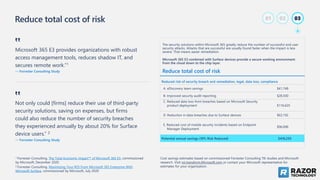 Reduce total cost of risk
Microsoft 365 E3 provides organizations with robust
access management tools, reduces shadow IT, and
secures remote work.”1
— Forrester Consulting Study
Not only could [firms] reduce their use of third-party
security solutions, saving on expenses, but firms
could also reduce the number of security breaches
they experienced annually by about 20% for Surface
device users.” 2
— Forrester Consulting Study
1 Forrester Consulting, The Total Economic Impact™ of Microsoft 365 E3, commissioned
by Microsoft, December 2020
2 Forrester Consulting, Maximizing Your ROI From Microsoft 365 Enterprise With
Microsoft Surface, commissioned by Microsoft, July 2020
03
01 02
‟
‟
The security solutions within Microsoft 365 greatly reduce the number of successful end user
security attacks. Attacks that are successful are usually found faster when the impact is less
severe. That means easier remediation.
Microsoft 365 E3 combined with Surface devices provide a secure working environment
from the cloud down to the chip layer.
Reduce total cost of risk
Reduced risk of security breach and remediation, legal, data loss, compliance
A. eDiscovery team savings $41,748
B. Improved security audit reporting $28,500
C. Reduced data loss from breaches based on Microsoft Security
product deployment $116,625
D. Reduction in data breaches due to Surface devices $63,192
E. Reduced cost of mobile security incidents based on Endpoint
Manager Deployment
$96,696
Potential annual savings (10% Risk Reduced) $418,250
Cost savings estimates based on commissioned Forrester Consulting TEI studies and Microsoft
research. Visit roi.transform.Microsoft.com or contact your Microsoft representative for
estimates for your organization.
 