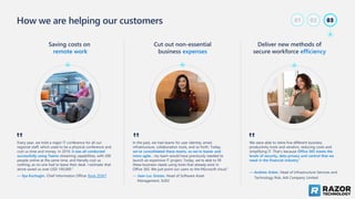 How we are helping our customers
Saving costs on
remote work
Every year, we hold a major IT conference for all our
regional staff, which used to be a physical conference and
cost us time and money. In 2019, it was all conducted
successfully using Teams streaming capabilities, with 200
people online at the same time, and literally cost us
nothing, as no one had to leave their desk. I estimate that
alone saved us over USD 100,000.”
— Ilya Kuchugin, Chief Information Officer Bank ZENIT
Cut out non-essential
business expenses
In the past, we had teams for user identity, email,
infrastructure, collaboration tools, and so forth. Today,
we’ve consolidated these teams, so we’re leaner and
more agile... my team would have previously needed to
launch an expensive IT project. Today, we’re able to fill
these business needs using tools that already exist in
Office 365. We just point our users to the Microsoft cloud.“
— Jean-Luc Grezes, Head of Software Asset
Deliver new methods of
secure workforce efficiency
We were able to retire five different business
productivity tools and vendors, reducing costs and
simplifying IT. That’s because Office 365 meets the
levels of security, data privacy and control that we
need in the financial industry.”
— Andrew Anker, Head of Infrastructure Services and
03
01 02
‟ ‟ ‟
Management, SUEZ
Technology Risk, AIA Company Limited
 