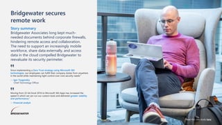 Bridgewater secures
remote work
Story summary
Bridgewater Associates long kept much-
needed documents behind corporate firewalls,
hindering remote access and collaboration.
The need to support an increasingly mobile
workforce, share data externally, and access
data in the cloud compelled Bridgewater to
reevaluate its security perimeter.
Since implementing a Zero Trust strategy using Microsoft 365
technologies, our employees can fulfill their company duties from anywhere
in the world while maintaining tight control over core security needs.”
— Igor Tsyganskiy
Chief Technology Officer
‟
Moving from 32-bit Excel 2016 to Microsoft 365 Apps has increased the
speed in which we can run our custom tools and delivered greater stability
and performance.”
— Financial analyst
‟
Read the case study here
 