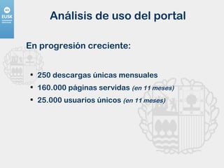 Análisis de uso del portal En progresión creciente: 250 descargas únicas mensuales 160.000 páginas servidas  (en 11 meses) 25.000 usuarios únicos  (en 11 meses) 