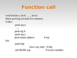 Function call void foo(int a, int b, ….., int n) Stack growing towards low memory. Caller:   push arg n   ...   push arg b   push arg a push return address  # eip foo:   push ebp  (mov esp, ebp)  # ebp   sub $0x08, esp  # Local variables 