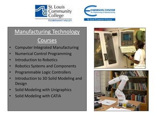 Manufacturing TechnologyCoursesComputer Integrated ManufacturingNumerical Control ProgrammingIntroduction to RoboticsRobotics Systems and ComponentsProgrammable Logic ControllersIntroduction to 3D Solid Modeling and DesignSolid Modeling with UnigraphicsSolid Modeling with CATIA