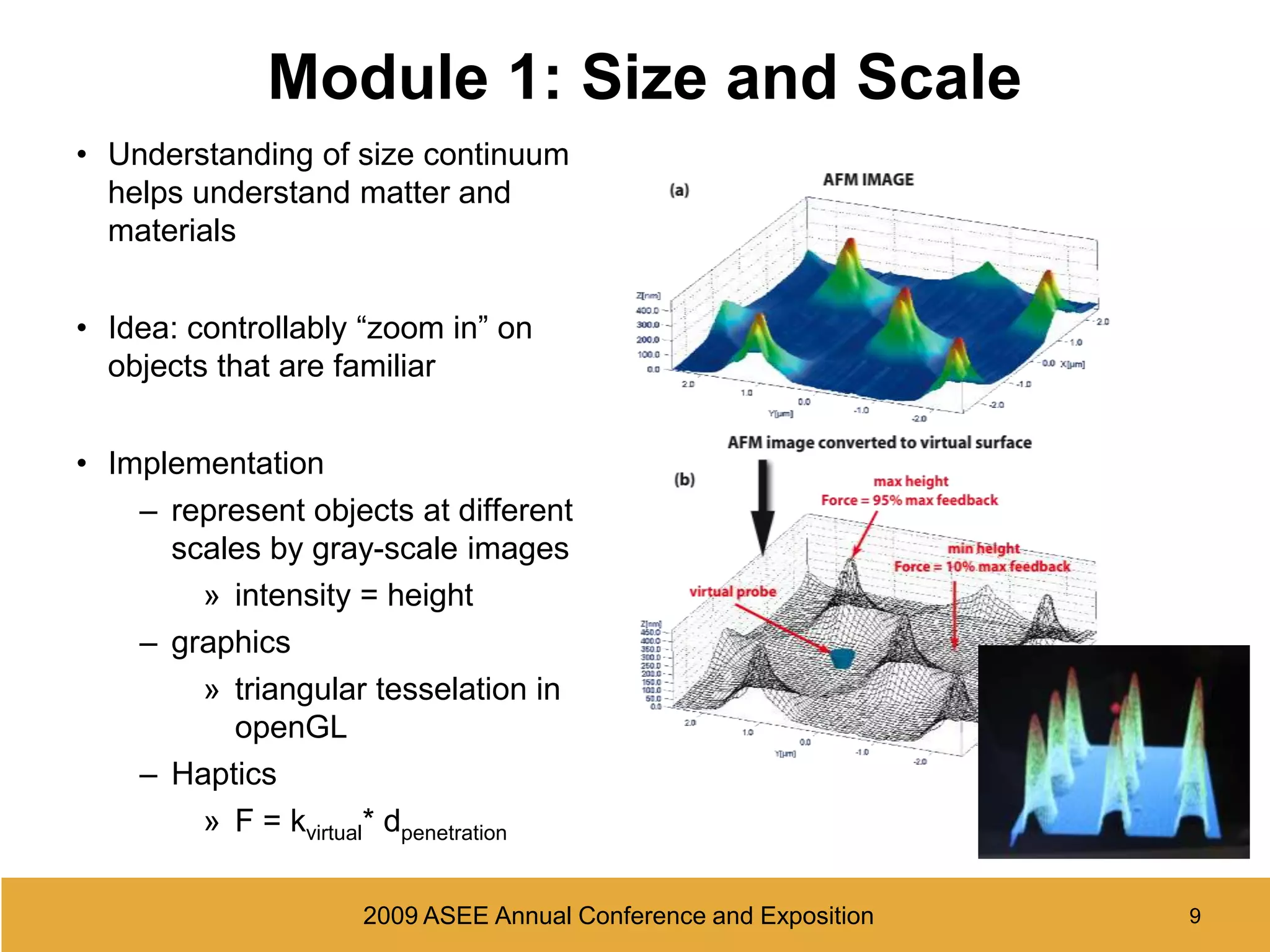 5Why Nanotechnology, Why Haptics?2009 ASEE Annual Conference and Exposition Governments, educators and researchersFuture demand for employeesDiversityeducate, attractStudents who are blind or visually impairedNo one can see what goes on at the nanoscalePictures are not very intuitive in describing forcesinclusiveness, opportunitySighted studentsConsiderable portion haptic learnersengaged, interestThe first atomic force microscope5