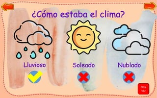 ¿Cómo estaba el clima?
Nublado
Lluvioso Soleado
Otra
vez
 