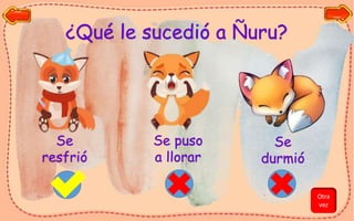 ¿Qué le sucedió a Ñuru?
Se
resfrió
Se puso
a llorar
Se
durmió
Otra
vez
 