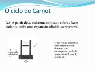 (2)- A partir de b, o sistema colocado sobre a base
isolante, sofre uma expansão adiabática reversível;
O gás realiza trabalho e
sua energia interna
diminui, com
consequente queda de
temperatura T1 para T2
(ponto c).
O ciclo de Carnot
 