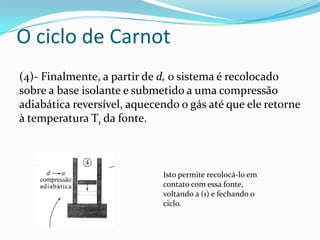 (4)- Finalmente, a partir de d, o sistema é recolocado
sobre a base isolante e submetido a uma compressão
adiabática reversível, aquecendo o gás até que ele retorne
à temperatura T1 da fonte.
Isto permite recolocá-lo em
contato com essa fonte,
voltando a (1) e fechando o
ciclo.
O ciclo de Carnot
 