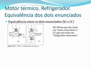 Motor térmico. Refrigerador.
Equivalência dos dois enunciados
 Equivalência entre os dois enunciados (k) e (C)
(K) Afirma que não existe
um “motor miraculoso”, e
(C) que não existe um
“refrigerador miraculoso”.
 