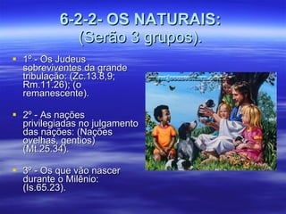 6-2-2- OS NATURAIS:   (Serão 3 grupos).  1º - Os Judeus sobreviventes da grande tribulação: (Zc.13.8,9; Rm.11.26); (o remanescente). 2º - As nações privilegiadas no julgamento das nações: (Nações ovelhas, gentios) (Mt.25.34). 3º - Os que vão nascer durante o Milênio: (Is.65.23). 