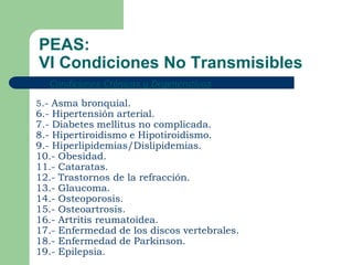 PEAS:
VI Condiciones No Transmisibles
   Condiciones Crónicas y Degenerativas

5.- Asma bronquial.
6.- Hipertensión arterial.
7.- Diabetes mellitus no complicada.
8.- Hipertiroidismo e Hipotiroidismo.
9.- Hiperlipidemias/Dislipidemias.
10.- Obesidad.
11.- Cataratas.
12.- Trastornos de la refracción.
13.- Glaucoma.
14.- Osteoporosis.
15.- Osteoartrosis.
16.- Artritis reumatoidea.
17.- Enfermedad de los discos vertebrales.
18.- Enfermedad de Parkinson.
19.- Epilepsia.
 