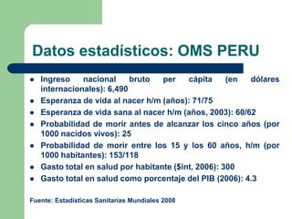 Datos estadísticos: OMS PERU
   Población total: 27,589,000
   Ingreso    nacional     bruto   per    cápita     (en dólares
    internacionales): 6,490
   Esperanza de vida al nacer h/m (años): 71/75
   Esperanza de vida sana al nacer h/m (años, 2003): 60/62
   Probabilidad de morir antes de alcanzar los cinco años (por
    1000 nacidos vivos): 25
   Probabilidad de morir entre los 15 y los 60 años, h/m (por
    1000 habitantes): 153/118
   Gasto total en salud por habitante ($int, 2006): 300
   Gasto total en salud como porcentaje del PIB (2006): 4.3

Fuente: Estadísticas Sanitarias Mundiales 2008
 