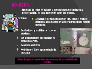 REGISTRO. REGISTRO de todos los valores o informaciones obtenidas en la monitorización, en cada uno de los pasos del proceso.  Ejemplos: Actividades de vigilancia de los PCC, como el registro (manual o automático) de temperaturas en una cámara frigorífica. Desviaciones y medidas correctoras asociadas. Las modificaciones introducidas en el sistema APPCC. Boletines analíticos. Medición del Cl del agua potable de la planta. Deben designarse responsables para cada una de las actividades de registro. 