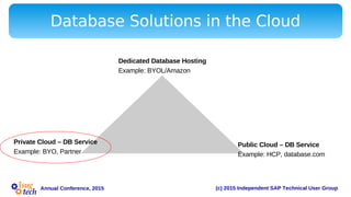 (c) 2015 Independent SAP Technical User GroupAnnual Conference, 2015
Database Solutions in the Cloud
Private Cloud – DB Service
Example: BYO, Partner
Public Cloud – DB Service
Example: HCP, database.com
Dedicated Database Hosting
Example: BYOL/Amazon
 