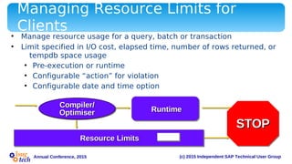 (c) 2015 Independent SAP Technical User GroupAnnual Conference, 2015
Compiler/Compiler/
OptimiserOptimiser
Resource LimitsResource Limits
RuntimeRuntime
STOPSTOP
Managing Resource Limits for
Clients
• Manage resource usage for a query, batch or transaction
• Limit specified in I/O cost, elapsed time, number of rows returned, or
tempdb space usage
• Pre-execution or runtime
• Configurable “action” for violation
• Configurable date and time option
 