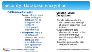 (c) 2015 Independent SAP Technical User GroupAnnual Conference, 2015
Security: Database Encryption
•Full DatabaseEncryption
• Secure: all user data,
index and log in
database will be
encrypted with
standard
cryptographic
algorithm AES
• Transparent: there is
no difference
between encrypted
database and
normal database
from application
point of view.
Database
Column Level
Encryption
•Simple extension to the
well understood concept
of column properties in an
RDBMS
•Allows different data
elements to be encrypted
using different keys –
providing granularity of
access
•Balances complexity, risk,
and performance
 
