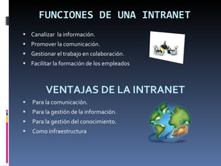 FUNCIONES DE UNA INTRANET Canalizar  la información. Promover la comunicación. Gestionar el trabajo en colaboración. Facilitar la formación de los empleados VENTAJAS DE LA INTRANET Para la comunicación. Para la gestión de la información.  Para la gestión del conocimiento. Como infraestructura 