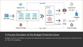 A Process Simulator of the Budget Protection Issue
Kludges are fast, more likely to rework and deteriorate the codebase. Fixes are slow, less prone to rework and do
not harm the codebase.
 