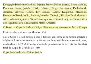 Delegação Brasileira: Castilho, Djalma Santos, Nílton Santos, Brandãozinho, 
Pinheiro, Bauer, Julinho, Didi, Baltazar, Pinga, Rodrigues, Paulinho de 
Almeida, Alfredo Ramos, Ely, Mauro Ramos, Dequinha, Maurinho, 
Humberto Tozzi, Índio, Rubens, Veludo, Cabeção, Técnico Zezé Moreira - 
Alfredo Moreira Júnior. Na foto time que enfrentou a Hungria. Na foto além 
dos jogadores esta o massagista Mário Américo. 
O Brasil na Copa de 1954 na Suíça: Eliminado nas quartas-de-final - 6º lugar 
Curiosidades da Copa do Mundo 1954 
Nesta Copa o Brasil passou a usar o famoso uniforme com camisa amarela e 
calção azul. Anteriormente, o uniforme era de camisa branca e o calção azul, 
usado desde 1919. A troca foi motivada pelo trauma da derrota do Brasil na 
final da Copa do Mundo de 1950. 
Copa do Mundo de 1958 na Suécia 
 