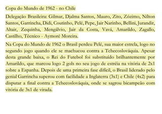 Copa do Mundo de 1962 - no Chile 
Delegação Brasileira: Gilmar, Djalma Santos, Mauro, Zito, Zózimo, Nílton 
Santos, Garrincha, Didi, Coutinho, Pelé, Pepe, Jair Narinho, Bellini, Jurandir, 
Altair, Zequinha, Mengálvio, Jair da Costa, Vavá, Amarildo, Zagallo, 
Castilho, Técnico - Aymoré Moreira. 
Na Copa do Mundo de 1962 o Brasil perdeu Pelé, sua maior estrela, logo no 
segundo jogo quando ele se machucou contra a Tchecoslováquia. Apesar 
desta grande baixa, o Rei do Futebol foi substituído brilhantemente por 
Amarildo, que marcou logo 2 gols no seu jogo de estréia na vitória de 2x1 
sobre a Espanha. Depois de uma primeira fase difícil, o Brasil liderado pelo 
genial Garrincha superou com facilidade a Inglaterra (3x1) e Chile (4x2) para 
disputar a final contra a Tchecoslováquia, onde se sagrou bicampeão com 
vitória de 3x1 de virada. 
 
