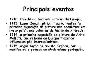 Principais eventos
• 1912, Oswald de Andrade retorna da Europa.
• 1913, Lasar Segall, pintor lituano, realiza “a
  primeira exposição de pintura não acadêmica em
  nosso país”, nas palavras de Mario de Andrade.
• 1914, a primeira exposição de pintura de Anita
  Malfati, que retorna da Europa trazendo
  influencias pós-impressionistas.
• 1915, organização na revista Orpheu, com
  manifestos e poemas do Modernismo português.
 