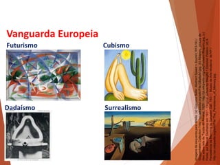 Vanguarda Europeia
Futurismo Cubismo
Dadaísmo Surrealismo
HISTÓRIA, 3 º Ano do Ensino Médio
A semana de Arte Moderna
Imagens
da
esquerda
para
direita:
(a)
Giacomo
Balla:
Abstract
Speed
+
Sound
(1913-14)
/
Guggenheim
Collection
/
http://en.wikipedia.org/wiki/File:GBallaArt.jpg.
(b)
Abaporu,
pintura
de
óleo
sobre
tela
de
Tarsila
do
Amaral,
1929
/
http://pt.wikipedia.org/wiki/Ficheiro:Abaporu.jpg.
(c)
Fonte,
por
Marcel
Duchamp
em
1917
/
Original
picture
by
Stieglitz
/
Domínio
Público.
(d)
A
Persistência
da
Memória
de
Salvador
Dalí,
1931
/
Museu
de
Arte
Moderna
de
NY
/
http://en.wikipedia.org/wiki/File:The_Persistence_of_Memory.jpg.
 