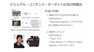 ビジュアル・コンテンツ・ターゲット広告の問題点
共通の問題
1.  画像のタグと広告の分布が異異なる
 　左図Problem1
 　「Pleurodont  Agama」(イグアナの名
 　前)に最適な広告は出せない。
2.  意味的ミスマッチ
 　左図Problem2
 　「Tiger」から
 　「Tiger  Woods」や「Missouri  Tigers
 　  Apparel」が出てきてしまう。
 