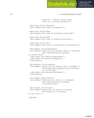 92 3 Describing Web Resources in RDF
predicate, a subject and an object
(that is, a reified statement)"/>
<rdfs:Class rdf:ID="Property"
rdfs:comment="The class of properties"/>
<rdfs:Class rdf:ID="Bag"
rdfs:comment="The class of unordered collections"/>
<rdfs:Class rdf:ID="Seq"
rdfs:comment="The class of ordered collections"/>
<rdfs:Class rdf:ID="Alt"
rdfs:comment="The class of collections of alternatives"/>
<rdf:Property rdf:ID="predicate"
rdfs:comment="Identifies the property used in a statement
when representing the statement
in reified form">
<rdfs:domain rdf:resource="#Statement"/>
<rdfs:range rdf:resource="#Property"/>
</rdf:Property>
<rdf:Property rdf:ID="subject"
rdfs:comment="Identifies the resource that a statement is
describing when representing the statement
in reified form">
<rdfs:domain rdf:resource="#Statement"/>
</rdf:Property>
<rdf:Property rdf:ID="object"
rdfs:comment="Identifies the object of a statement
when representing the statement
in reified form"/>
<rdf:Property rdf:ID="type"
rdfs:comment="Identifies the class of a resource.
The resource is an instance
of that class."/>
</rdf:RDF>
TLFeBOOK
TLFeBOOK
 