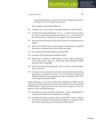 Exercises and Projects 107
X supports the proposal; Y supports the proposal; Z supports the proposal.
The group of X, Y, and Z supports the proposal.
Draw graphs to illustrate the difference.
3.6 Compare rdfs:subClassOf with type extensions in XML Schema.
3.7 Consider the formal specification of rdf:_n in the axiomatic seman-
tics. Does it capture the intended meaning of rdf:_n as the selector of
the nth element of a collection? If not, suggest a full axiomatization.
3.8 Prove the inferred formulas at the end of section 3.7 using the previous
axioms.
3.9 Discuss why RDF/S does not allow logical contradictions: any RDF/S
document is consistent, thus it has at least one model.
3.10 Try to map the relational database model on RDF.
3.11 Compare entity-relationship modelling to RDF.
3.12 Model part of a library in RDF Schema: books, authors, publishers,
years, copies, dates, and so on. Then write some statements in RDF,
and query them using RQL.
3.13 Write an ontology about geography: cities, countries, capitals, borders,
states, and so on.
3.14 In chapter 2 you were asked to consider various domains and develop
appropriate vocabularies for them. Try to model these domains by
defining suitable classes and properties, and a conceptual model. Then
write sample statements in RDF.
In the following you are asked to think about limitations of RDFS, specifi-
cally, what should actually be expressed, and whether it can be represented
in RDF Schema. These limitations will be relevant in chapter 4, where we
present a richer modelling language.
3.15 Consider the classes of males, and females. Name a relationship be-
tween them that should be included in an ontology.
3.16 Consider the classes of persons, males and females. Name a relation-
ship between all three that should be included in an ontology. Which
part of this relationship can be expressed in RDF Schema?
TLFeBOOK
TLFeBOOK
 
