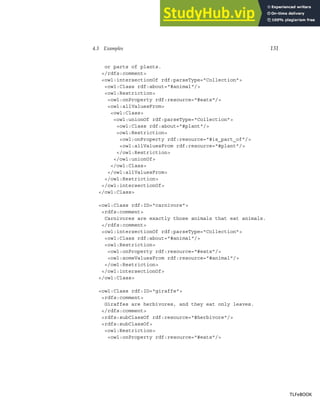 4.3 Examples 131
or parts of plants.
/rdfs:comment
owl:intersectionOf rdf:parseType=Collection
owl:Class rdf:about=#animal/
owl:Restriction
owl:onProperty rdf:resource=#eats/
owl:allValuesFrom
owl:Class
owl:unionOf rdf:parseType=Collection
owl:Class rdf:about=#plant/
owl:Restriction
owl:onProperty rdf:resource=#is_part_of/
owl:allValuesFrom rdf:resource=#plant/
/owl:Restriction
/owl:unionOf
/owl:Class
/owl:allValuesFrom
/owl:Restriction
/owl:intersectionOf
/owl:Class
owl:Class rdf:ID=carnivore
rdfs:comment
Carnivores are exactly those animals that eat animals.
/rdfs:comment
owl:intersectionOf rdf:parseType=Collection
owl:Class rdf:about=#animal/
owl:Restriction
owl:onProperty rdf:resource=#eats/
owl:someValuesFrom rdf:resource=#animal/
/owl:Restriction
/owl:intersectionOf
/owl:Class
owl:Class rdf:ID=giraffe
rdfs:comment
Giraffes are herbivores, and they eat only leaves.
/rdfs:comment
rdfs:subClassOf rdf:resource=#herbivore/
rdfs:subClassOf
owl:Restriction
owl:onProperty rdf:resource=#eats/
TLFeBOOK
TLFeBOOK
 