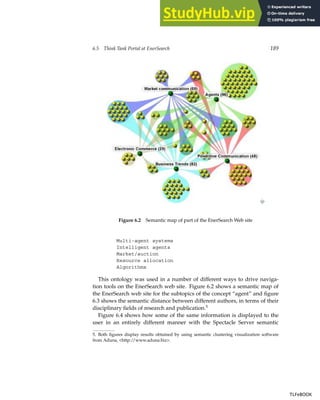 6.5 Think Tank Portal at EnerSearch 189
Figure 6.2 Semantic map of part of the EnerSearch Web site
Multi-agent systems
Intelligent agents
Market/auction
Resource allocation
Algorithms
This ontology was used in a number of different ways to drive naviga-
tion tools on the EnerSearch web site. Figure 6.2 shows a semantic map of
the EnerSearch web site for the subtopics of the concept “agent” and figure
6.3 shows the semantic distance between different authors, in terms of their
disciplinary fields of research and publication.5
Figure 6.4 shows how some of the same information is displayed to the
user in an entirely different manner with the Spectacle Server semantic
5. Both figures display results obtained by using semantic clustering visualization software
from Aduna, http://www.aduna.biz.
TLFeBOOK
TLFeBOOK
 