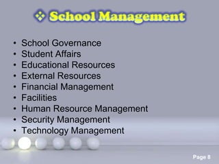 •   School Governance
•   Student Affairs
•   Educational Resources
•   External Resources
•   Financial Management
•   Facilities
•   Human Resource Management
•   Security Management
•   Technology Management

                Powerpoint Templates
                                       Page 8
 