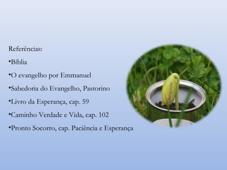 Referências:
•Bíblia
•O evangelho por Emmanuel
•Sabedoria do Evangelho, Pastorino
•Livro da Esperança, cap. 59
•Caminho Verdade e Vida, cap. 102
•Pronto Socorro, cap. Paciência e Esperança
 