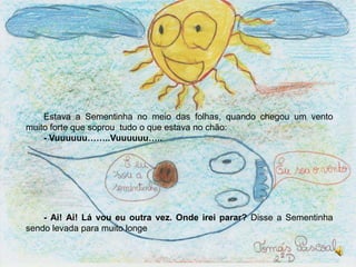 Estava a Sementinha no meio das folhas, quando chegou um vento muito forte que soprou  tudo o que estava no chão:- Vuuuuuu……..Vuuuuuu…..- Ai! Ai! Lá vou eu outra vez. Onde irei parar? Disse a Sementinha sendo levada para muito longe