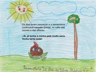Os dias foram passando e a sementinha continuava naquele quintal, no meio das couves e das alfaces.- Ai, já tenho a minha pele muito seca. Tenho tanta sede! 