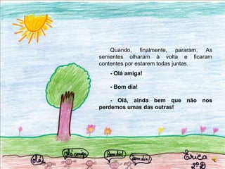 Quando, finalmente, pararam. As sementes olharam à volta e ficaram contentes por estarem todas juntas.- Olá amiga!- Bom dia!- Olá, ainda bem que não nos perdemos umas das outras!