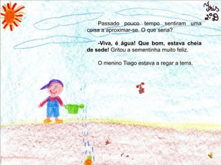Passado pouco tempo sentiram uma coisa a aproximar-se. O que seria? -Viva, é água! Que bom, estava cheia de sede! Gritou a sementinha muito feliz.O meninoTiago estava a regar a terra.