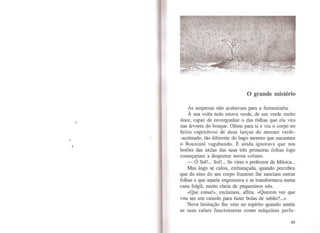 1
O grande mistério
As surpresas não acabavam para a Sementinha.
À sua volta tudo estava verde, de um verde muito
doce, capaz de envergonhar o das folhas que ela vira
nas árvores do bosque. Olhou para si e viu o corpo no
feitio caprichoso de duas lanças do mesmo verde-
-acetinado, tão diferente do bago moreno que encantara
o Rouxinol vagabundo. E ainda ignorava que nos
botões das axilas das suas três primeiras folhas logo
começariam a despontar novos colmos.
- Ó Sol!... Sol!... Se vires o professor de Música...
Mas logo se calou, embaraçada, quando percebeu
que do eixo do seu corpo franzino lhe nasciam outras
folhas e que aquele engrossava e se transformava numa
cana frágil, muito cheia de pequeninos nós.
«Que coisa!», exclamou, aflita. «Querem ver que
vou ser um canudo para fazer bolas de sabão?...»
Nova hesitação lhe veio ao espírito quando sentiu
as suas raízes funcionarem como máquinas perfu-
43
 