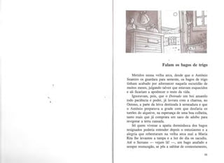 :-:
Falam os bagos de trigo
Metidos numa velha arca, desde que o António
Seareiro os guardara para semente, os bagos de trigo
tinham acabado por adormecer naquela escuridão de
muitos meses, julgando talvez que estavam esquecidos
e ali ficariam a apodrecer o resto da vida.
Ignoravam, pois, que o Doirado um boi amarelo
todo paciência e poder, já lavrara com a charrua, no
Outono, a parte da leiva destinada à semeadura e que
o António preparava a grade com que desfaria os
torrões do alqueive, na esperança de uma boa colheita,
tanto mais que já comprara um saco de adubo para
revigorar a terra cansada.
Só quem vivesse a apatia dorminhoca dos bagos
resignados poderia entender depois o entusiasmo e a
alegria que rebentaram na velha arca mal a Maria
Rita lhe levantou a tampa e a luz do dia os sacudiu.
Até o Serrano - vejam lá! -, um bago anafado e
sempre resmungão, se pôs a saltitar de contentamento,
11
 