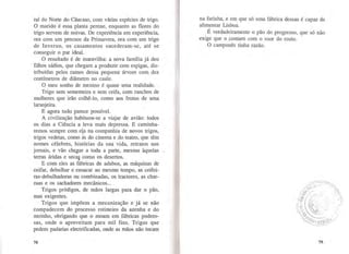 ral do Norte do Cáucaso, com várias espécies de trigo.
O marido é essa planta perene, enquanto as flores do
trigo servem de noivas. De experiência em experiência,
ora com um precoce da Primavera, ora com um trigo
de Inverno, os casamentos sucederam-se, até se
conseguir o par ideal.
O resultado é de maravilha: a nova família já deu
filhos sádios, que chegam a produzir cem espigas, dis-
tribuídas pelos ramos dessa pequena árvore com dez
centímetros de diâmetro no caule.
O meu sonho de menino é quase uma realidade.
Trigo sem sementeira e sem ceifa, com ranchos de
mulheres que irão colhê-lo, como aos frutos de uma
laranjeira.
E agora tudo parece possível.
A civilização habituou-se a viajar de avião: todos
os dias a Ciência a leva mais depressa. E caminha-
remos sempre com e~a na companhia de novos trigos,
trigos vedetas, como às do cinema e do teatro, que têm
nomes célebres, histórias da sua vida, retratos nos
jornais, e vão che..gar a toda a parte, mesmo àquelas ,
terras áridas e seca~ como os desertos.
E com eles as fábricas de adubos, as máquinas de
ceifar, debulhar e ensacar ao mesmo tempo, as ceifei-
ras-debulhadoras ou combinadas, os tractores, as char-
ruas e os sachadores mecânicos...
Trigos pródigos, de mãos largas para dar o pão,
mas exigentes.
Trigos que impõem a mecanização e já se não
compadecem do processo rotineiro da azenha e do
moinho, obrigando que o moam em fábricas podero-
sas, onde o aproveitam para mil fins. Trigos que
pedem padarias electrificadas, onde as mãos não tocam
78
na farinha, e em que só uma fábrica dessas é capaz de
alimentar Lisboa.
É verdadeiramente o pão do progresso, que só não
exige que o comam com o suor do rosto.
O camponês tinha razão.
79
 